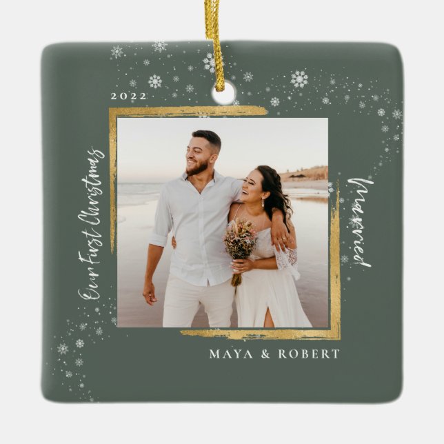 Gold Framed Photo Our First Christmas Married   Ceramic Ornament (Front)