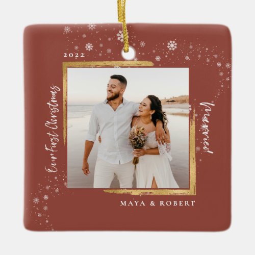 Gold Framed Photo Our First Christmas Married   Ceramic Ornament