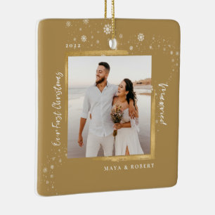 Gold Framed Photo Our First Christmas Married Ceramic Ornament