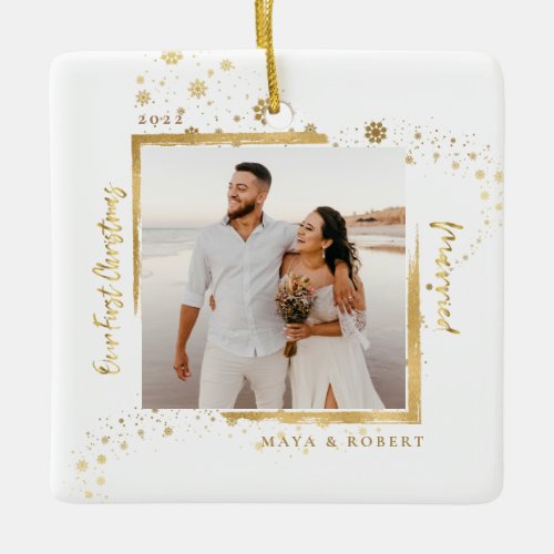 Gold Framed Photo Our First Christmas Married  Ceramic Ornament