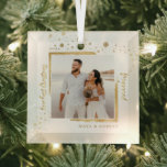 Gold Framed Photo Our First Christmas Married  Glass Ornament<br><div class="desc">Modern brushed-gold framed wedding photo amid gold snowflakes,  with Our First Christmas Married in a festive calligraphy script,  makes the perfect memento keepsake gift for the just married newlyweds this Christmas holiday season.  Easily customize your name and year of choice.</div>