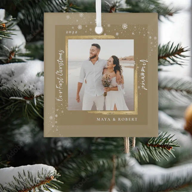 Gold Framed Photo Our First Christmas Married Glass Ornament | Zazzle