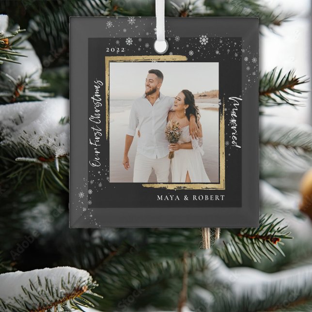 Gold Framed Photo Our First Christmas Married   Glass Ornament (Creator Uploaded)