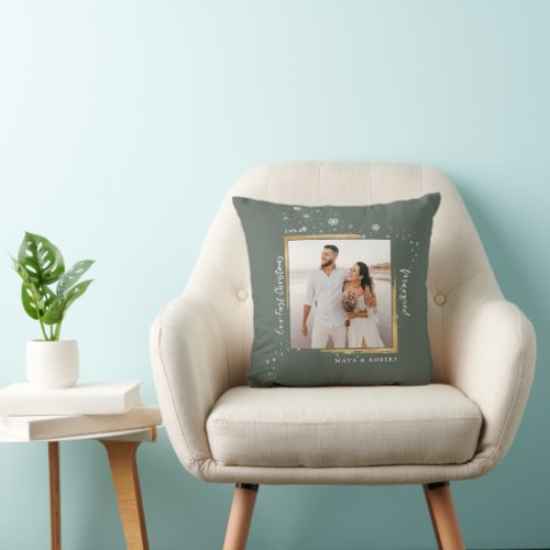 Gold Framed Photo Our First Christmas Married  Throw Pillow