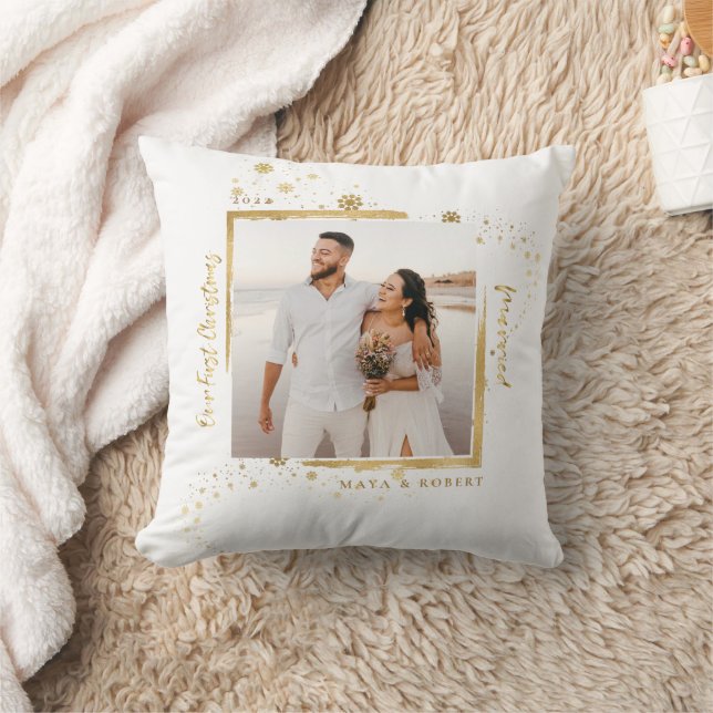 Gold Framed Photo Our First Christmas Married  Throw Pillow (Blanket)