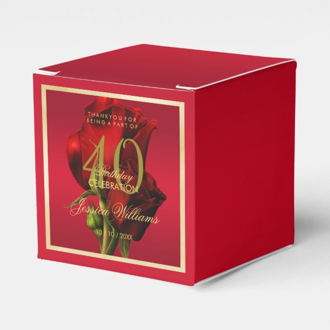 Gold Framed Romantic Red Rose Birthday Favor Boxes (Front Side)