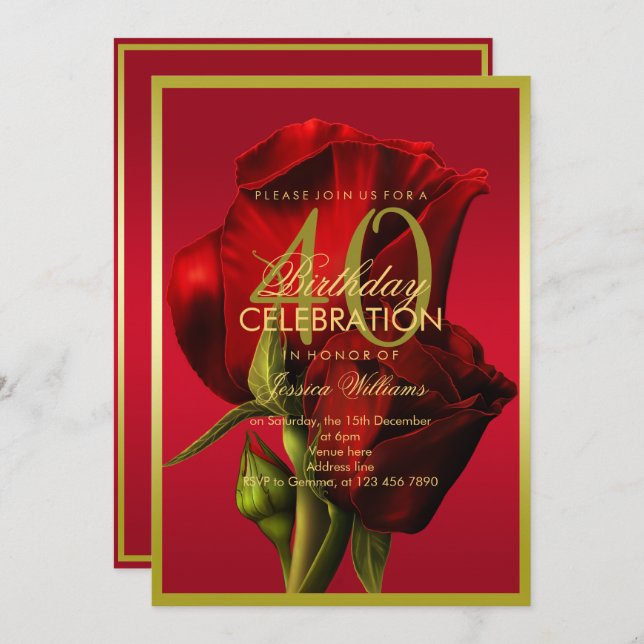 Gold Framed Romantic Red Rose Birthday Invitation (Front/Back)