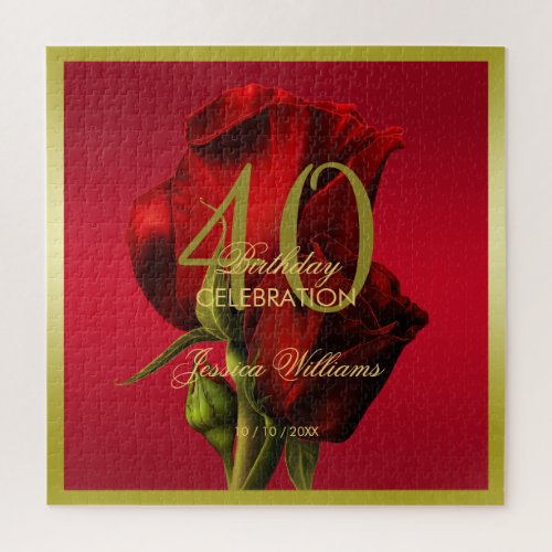 Gold Framed Romantic Red Rose Birthday Jigsaw Puzzle