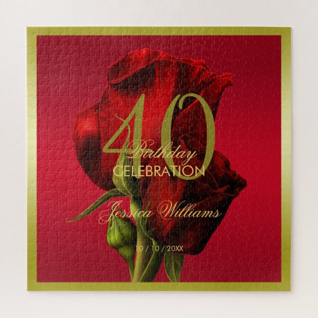 Gold Framed Romantic Red Rose Birthday Jigsaw Puzzle (Vertical)