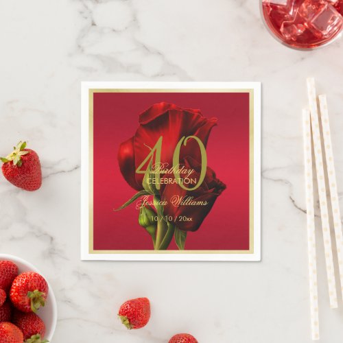 Gold Framed Romantic Red Rose Birthday Napkins