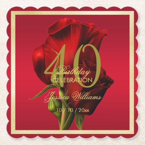 Gold Framed Romantic Red Rose Birthday Paper Coaster