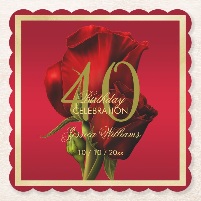Gold Framed Romantic Red Rose Birthday Paper Coaster (Front)
