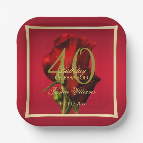 Gold Framed Romantic Red Rose Birthday Paper Plates