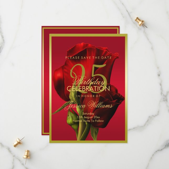 Gold Framed Romantic Red Rose Birthday Save The Date (Front/Back In Situ)