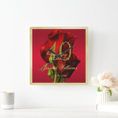 Gold Framed Romantic Red Rose Birthday Square Wall Clock