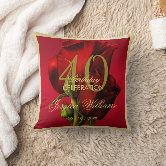 Gold Framed Romantic Red Rose Birthday Throw Pillow (Blanket)
