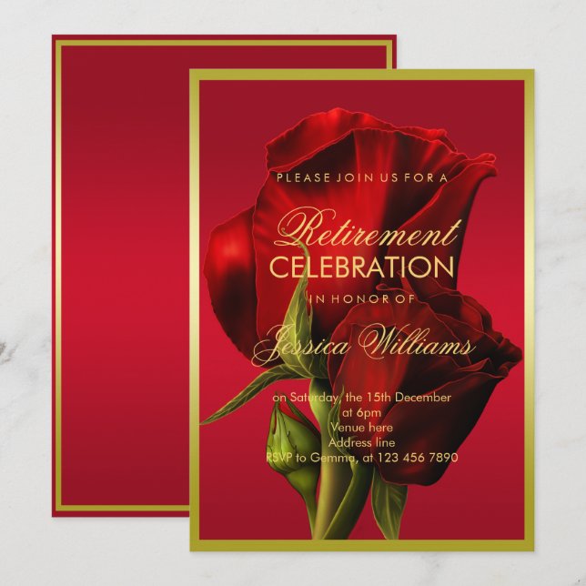 Gold Framed Romantic Red Rose Retirement Invitation (Front/Back)