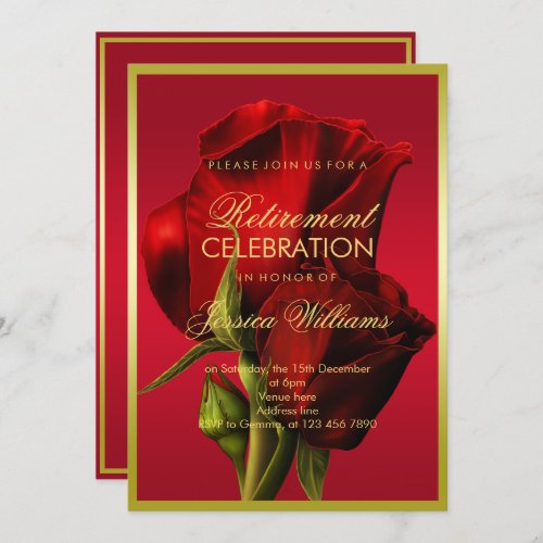 Gold Framed Romantic Red Rose Retirement Invitation