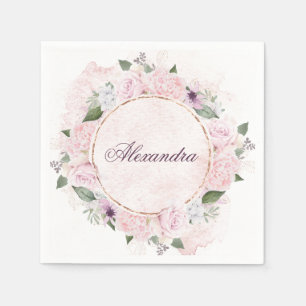 Gold FrameFloral Personal Name Pink Roses Napkins