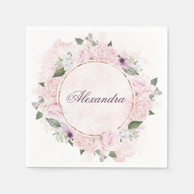 Gold FrameFloral  Personal Name Pink Roses    Napkins (Front)