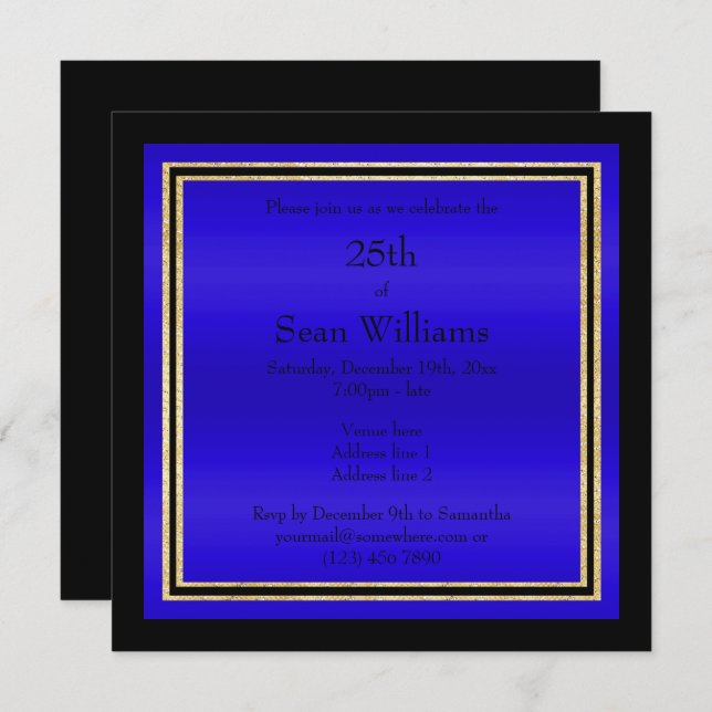 Gold Frames Blue & Black Man's Birthday Invitation (Front/Back)