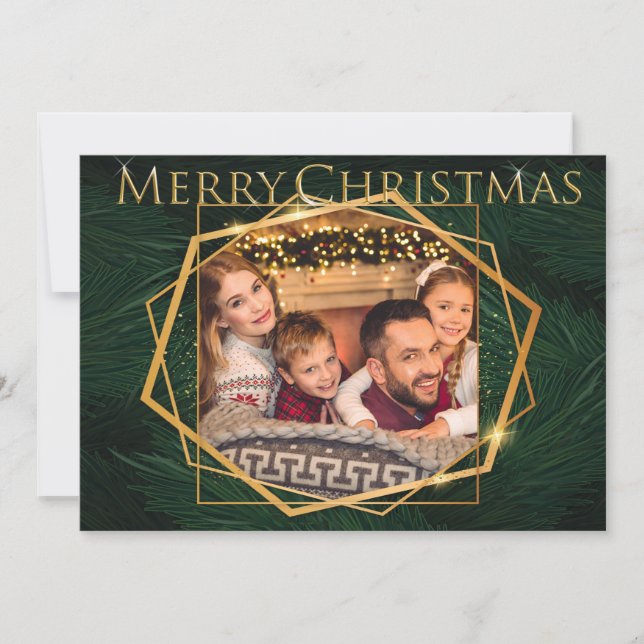 Gold Frames on Pine Branches Christmas Photo Holiday Card (Front)
