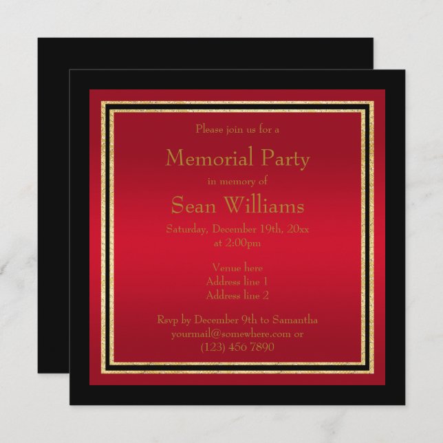 Gold Frames Red & Black Memorial Party Invitation (Front/Back)