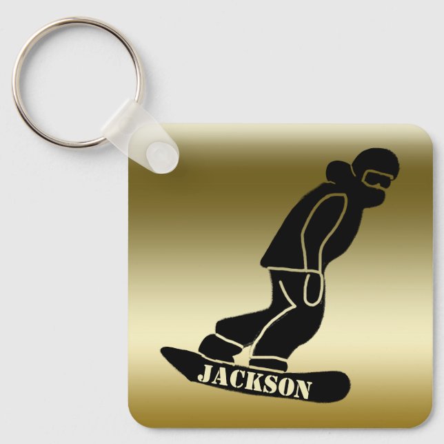 Gold Freeride Snowboarder Snowboarding Stencil Keychain (Front)