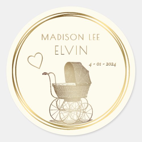 Gold French Baby Carriage Birth Date Announcement  Classic Round Sticker