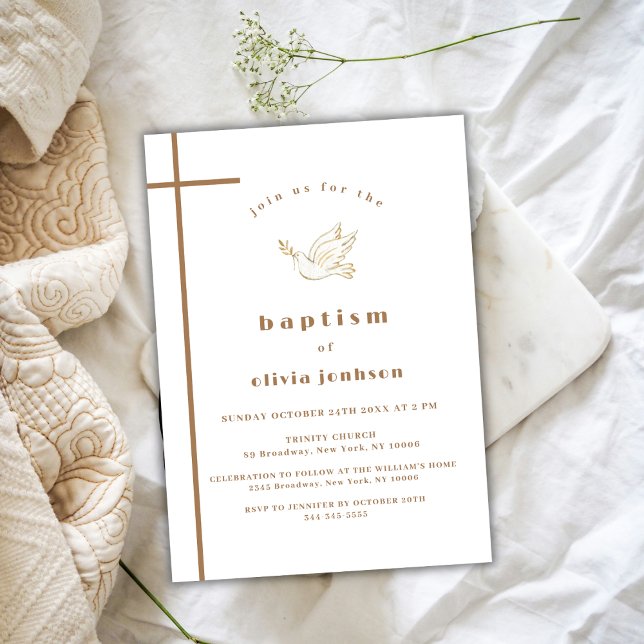 Gold French Modern Bird Cross Christening Baptism  Invitation (Gold French Modern Bird Cross Christening Baptism Invitation)