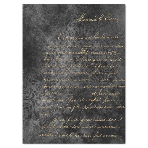 Gold French Script on Distressed Grey Decoupage Tissue Paper