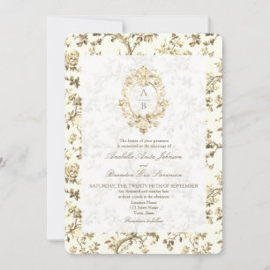 Gold French Toile Monogram QR Code  Wedding Invitation