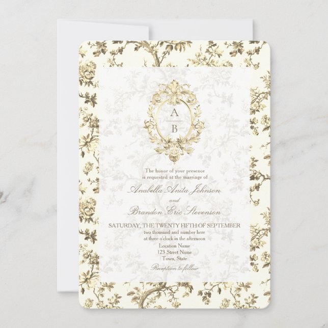 Gold French Toile Monogram QR Code  Wedding Invitation (Front)