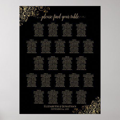 Gold Frills 22 Table Wedding Seating Chart Black
