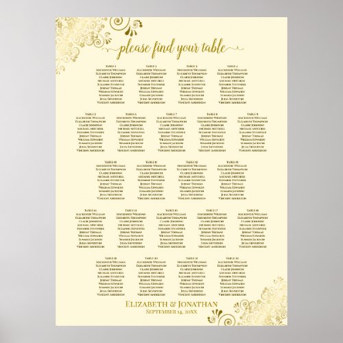 Gold Frills 22 Table Wedding Seating Chart Cream
