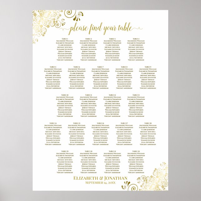 Gold Frills 22 Table Wedding Seating Chart White (Front)