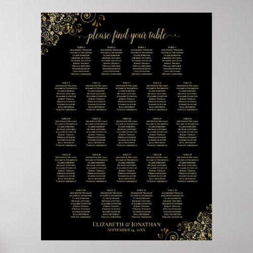 Gold Frills 23 Table Wedding Seating Chart Black
