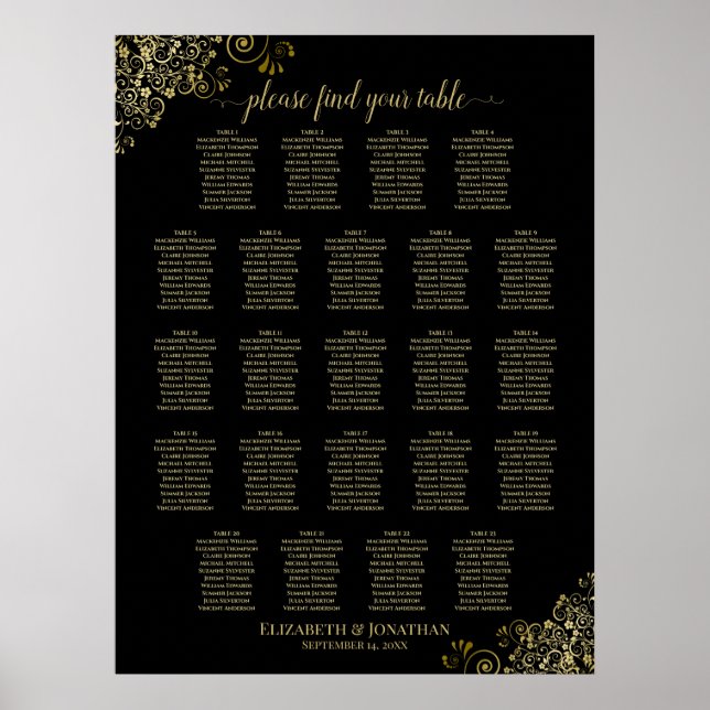 Gold Frills 23 Table Wedding Seating Chart Black (Front)
