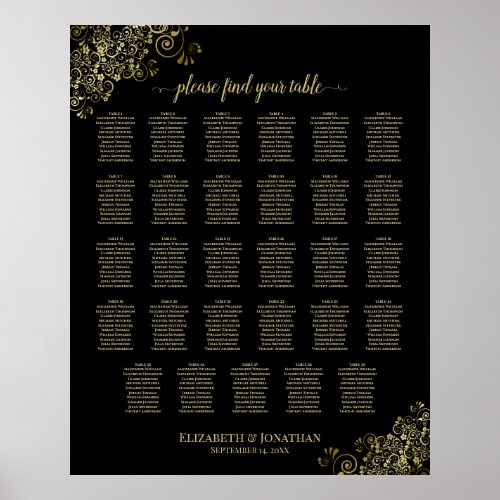 Gold Frills 29 Table Wedding Seating Chart Black