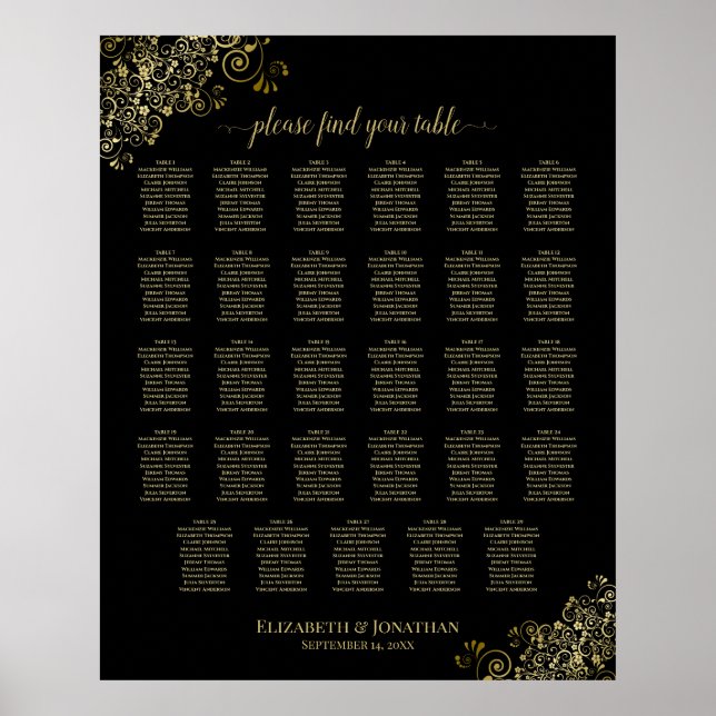 Gold Frills 29 Table Wedding Seating Chart Black (Front)