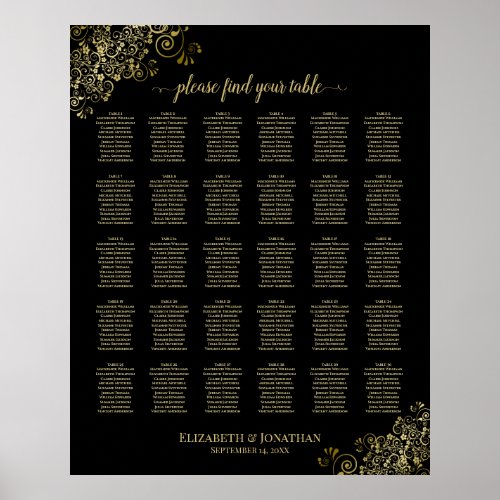 Gold Frills 30 Table Wedding Seating Chart Black