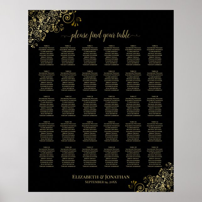 Gold Frills 30 Table Wedding Seating Chart Black (Front)