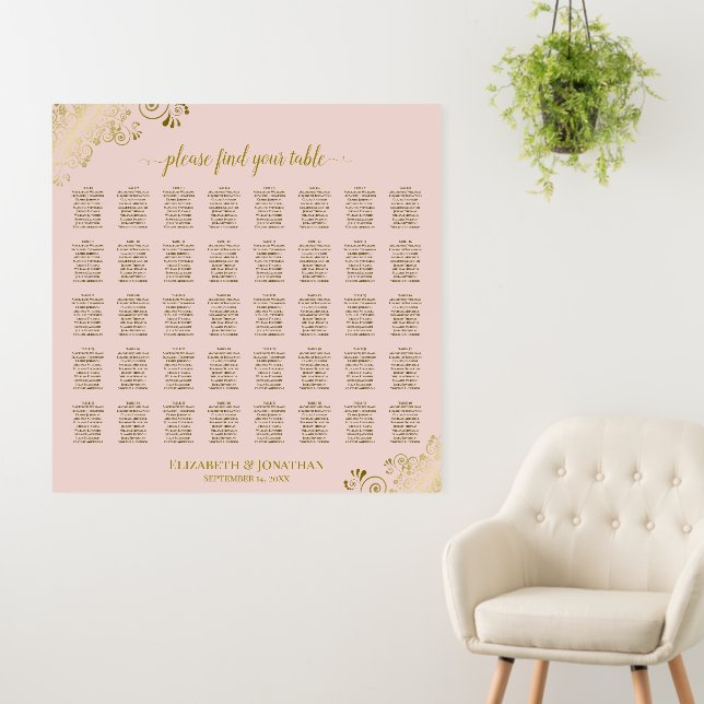 Gold Frills 40 Table Pink Wedding Seating Chart Foam Board (In Situ (Wall))