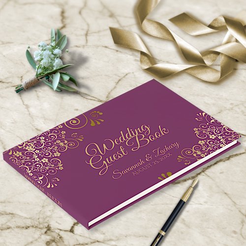 Gold Frills and Cassis Purple Elegant Wedding Guest Book