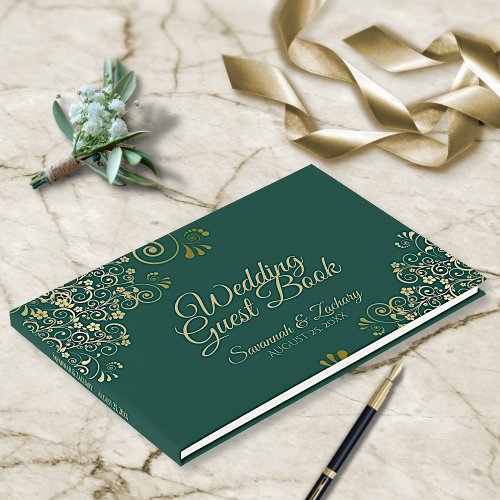 Gold Frills and Emerald Green Elegant Wedding Guest Book