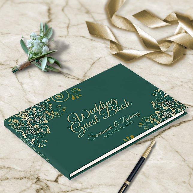 Gold Frills and Emerald Green Elegant Wedding Guest Book (Creator Uploaded)