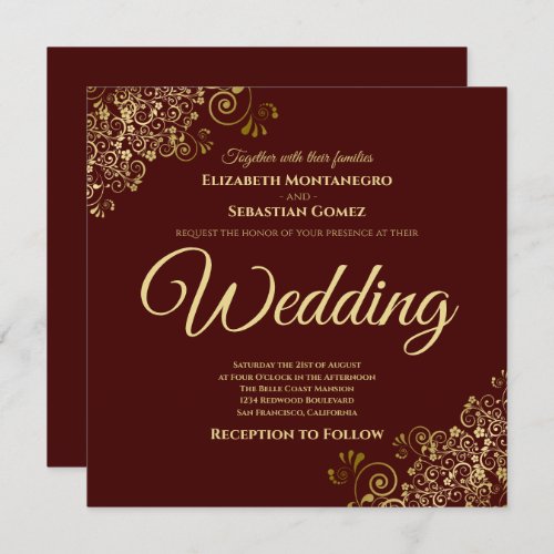 Gold Frills Auburn Brown Elegant Square Wedding Invitation