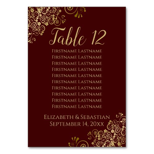 Gold Frills Auburn Brown Wedding Seating Chart Table Number