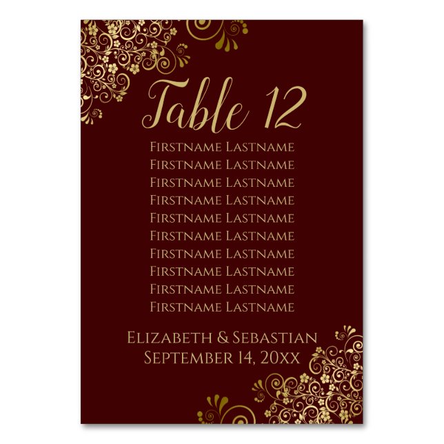 Gold Frills Auburn Brown Wedding Seating Chart Table Number (Front)