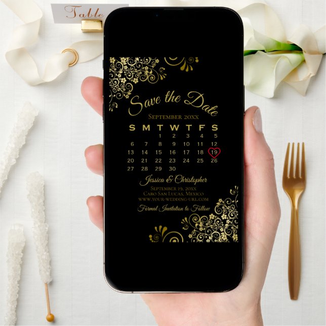 Gold Frills Black Simple Elegant Wedding Calendar Save The Date (Front Digital)